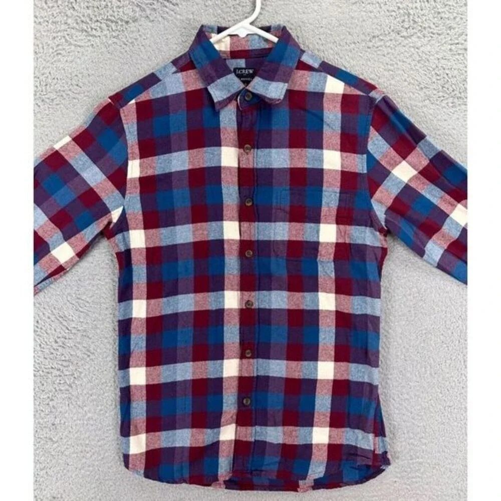 J Crew Flannel Shirt Adult Small Red Blue Plaid Button Up Long Sleeve Cotton Men